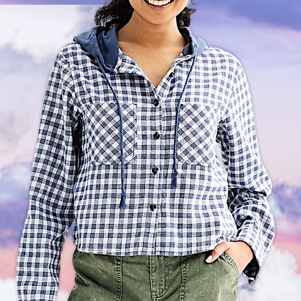 NWT 2XL Cropped Plaid Button Up Hoodie w 2 Pockets & High Low Hemline